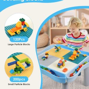 Kids Activity Table and Chair Set with 320Pcs Building Blocks, All in One Sand/Water/Sensory Desk with Storage, STEM Toys Toddler Learning Playset Table for Boys Girls Gifts 3 4 5-10 Years Old