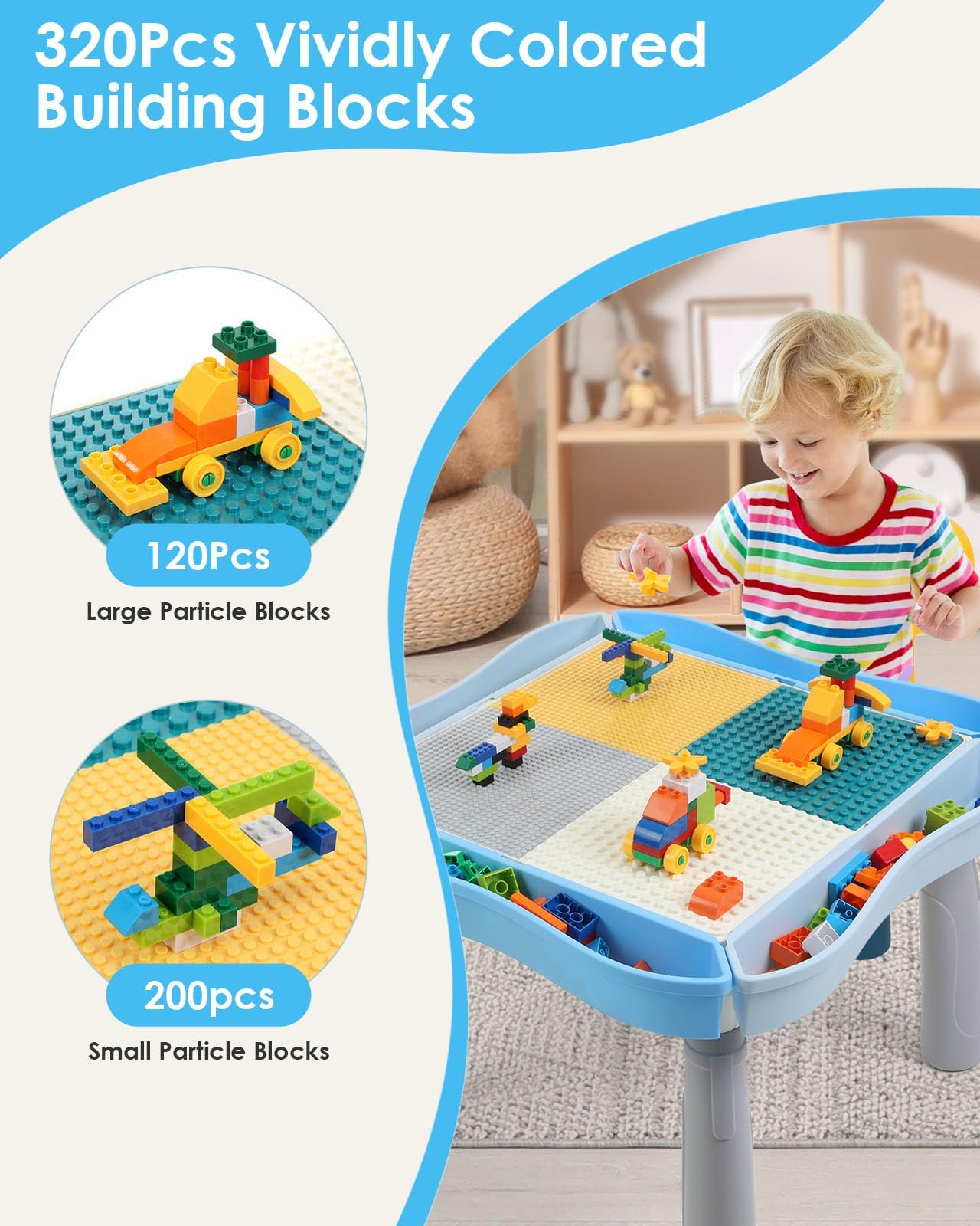 Kids Activity Table and Chair Set with 320Pcs Building Blocks, All in One Sand/Water/Sensory Desk with Storage, STEM Toys Toddler Learning Playset Table for Boys Girls Gifts 3 4 5-10 Years Old