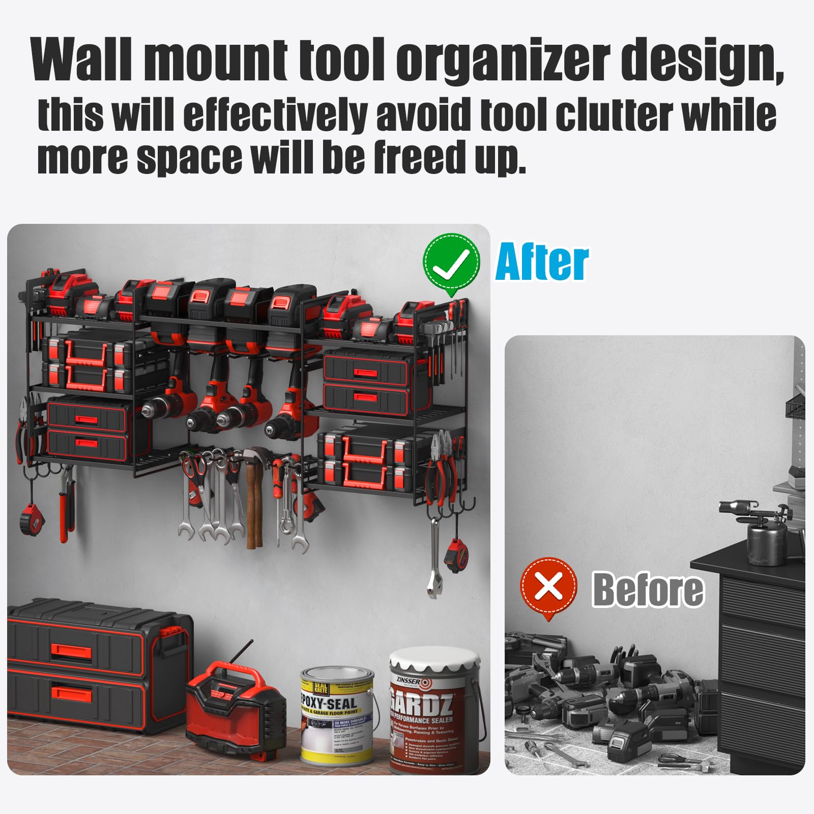 CCCEI Black Power Tools Organizer Wall Mount, Large Garage Organization and Storage, Shop 8 Drills Holder Rack and Tools Battery Utility Shelves, Cool and Unique Gift for Men, Husband.