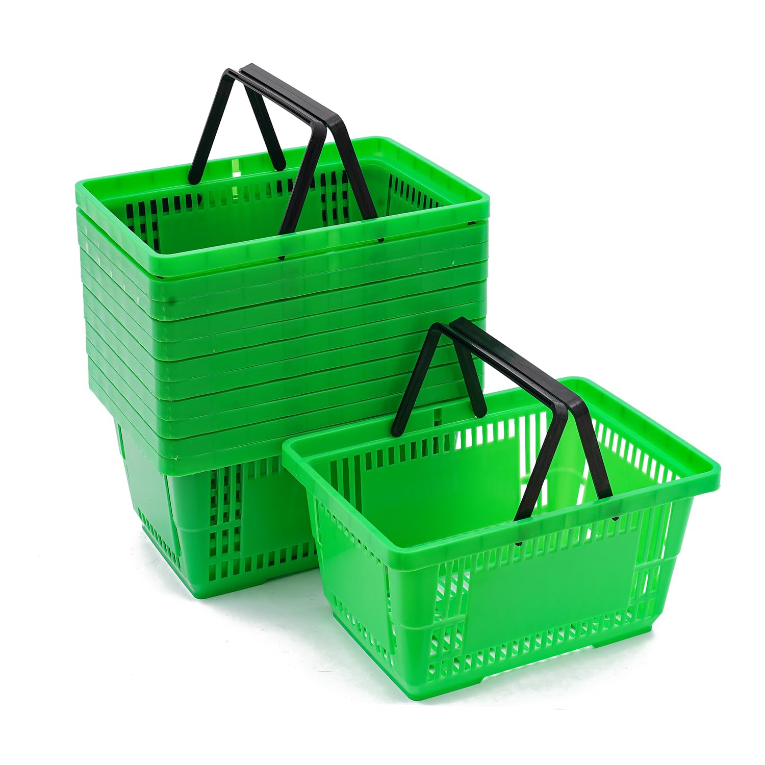 RABEEXP 12 Pcs Shopping Baskets 28L 7.4Gal Plastic Shopping Baskets with Handles, Portable Grocery Basket for Supermarket Retail Shop Book Store Laundry, 18.9x13x10.2 Inch (Green)