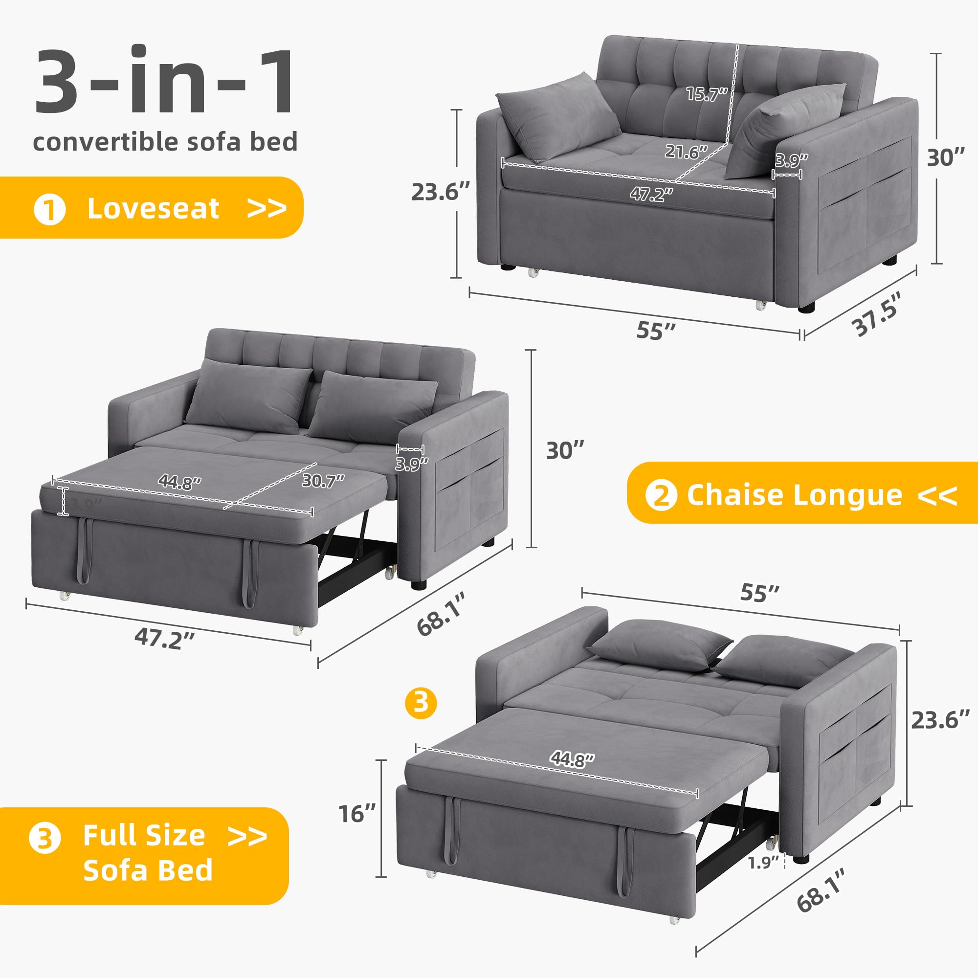 DWVO 55" Cat-Scratch-Proof Fabric Sofa Bed, 3-in-1 Sleeper Sofa with Pull-Out Bed, Convetible Futon Couch with Adjustable Backrest and Side Pocket, Loveseat for Living Room Apartment, Grey, Full Size