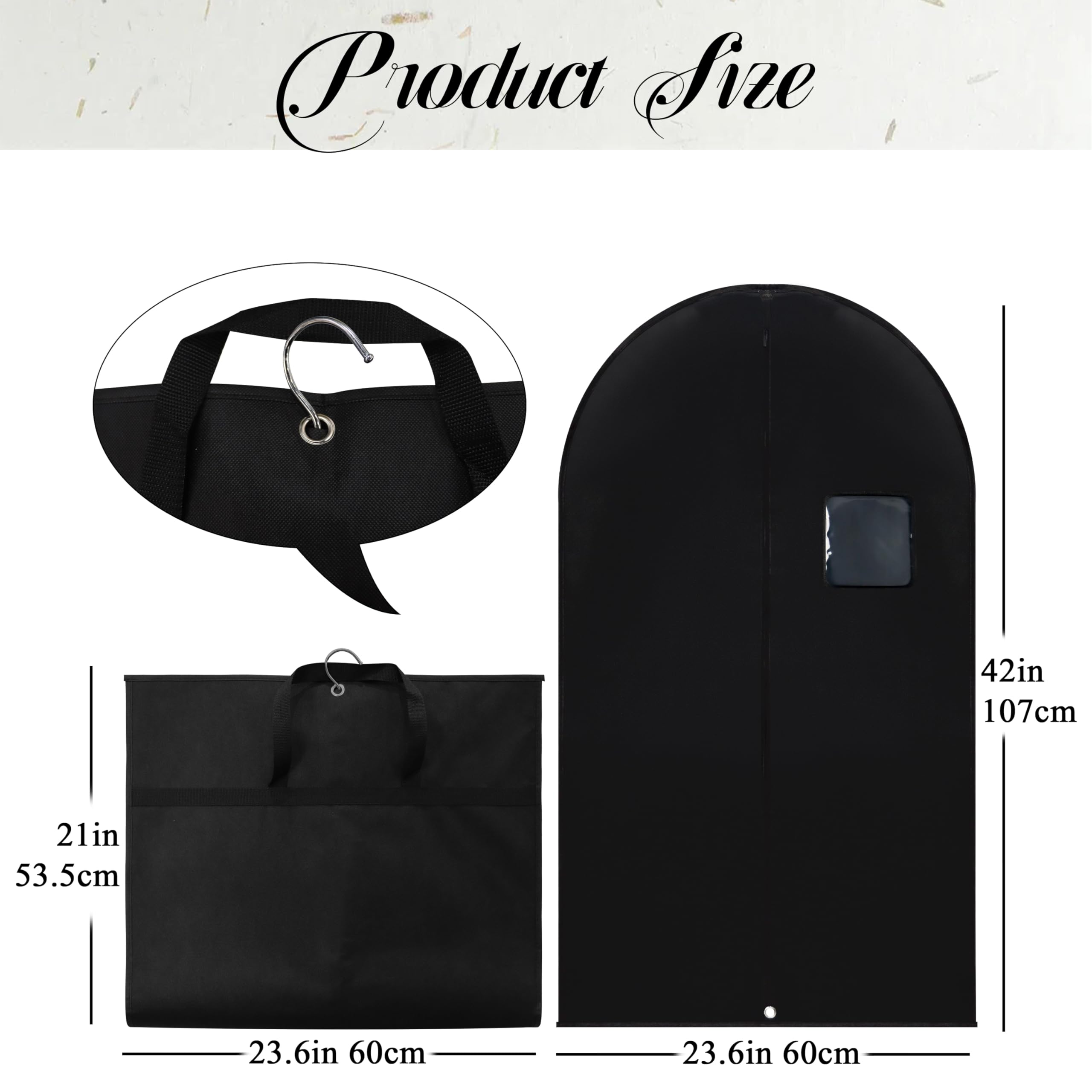 huichuan 42" Black Garment Bag for Travel and Clothes Storage, 5 Pcs Waterproof Nonwoven Suit Bag with Sturdy Zipper & Clear Pocket, Foldable Clothing Storage Bags for Suits, Coats, Jackets & Sweaters