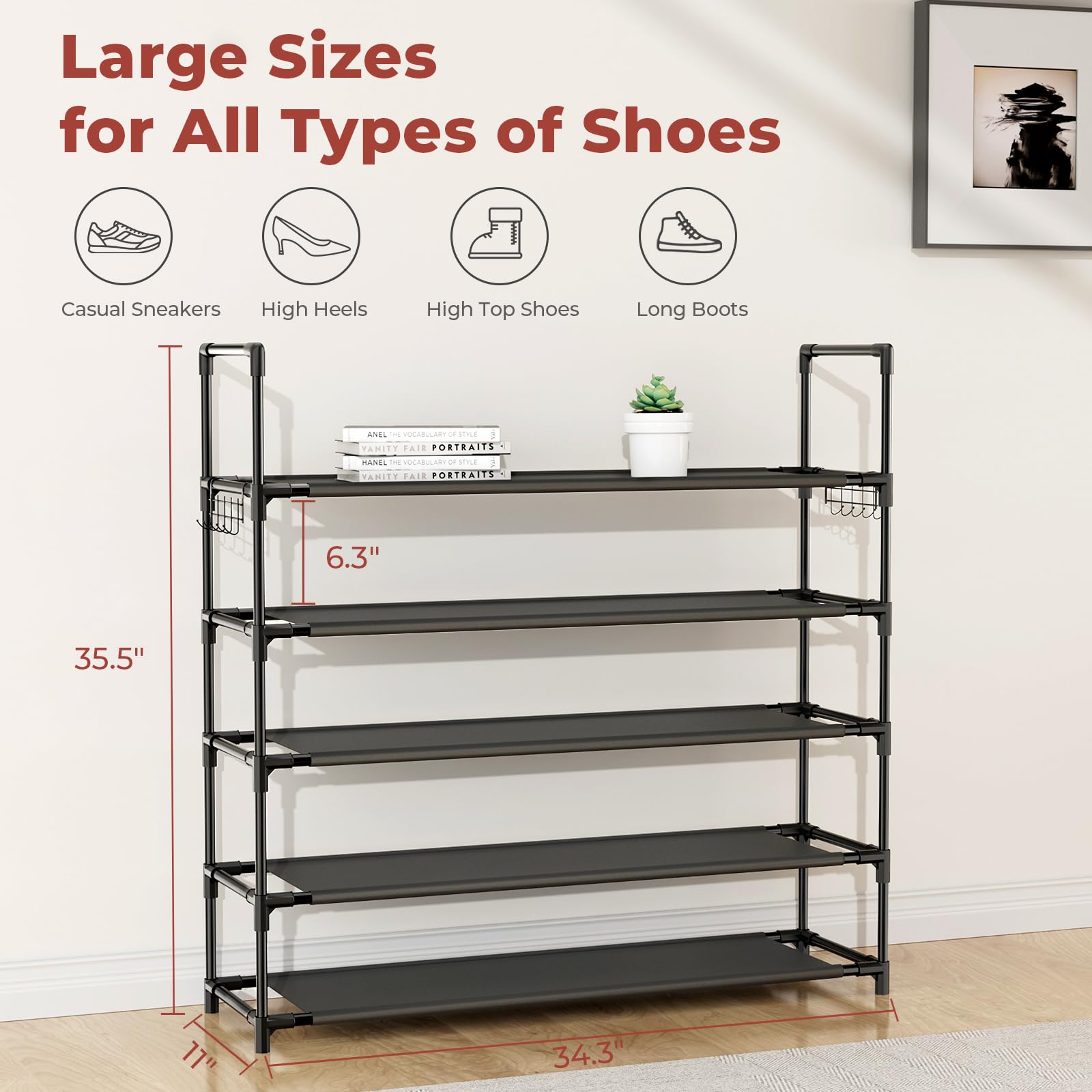 VTRIN 5 Tier Shoe Rack for Closet Shoe Organizer Storage 20-25 Pair Shoe and Boot Long Shoe Shelf with Hook Space Saver Free Standing Shoe Rack Organizer for Front Door Entryway, Small Spaces