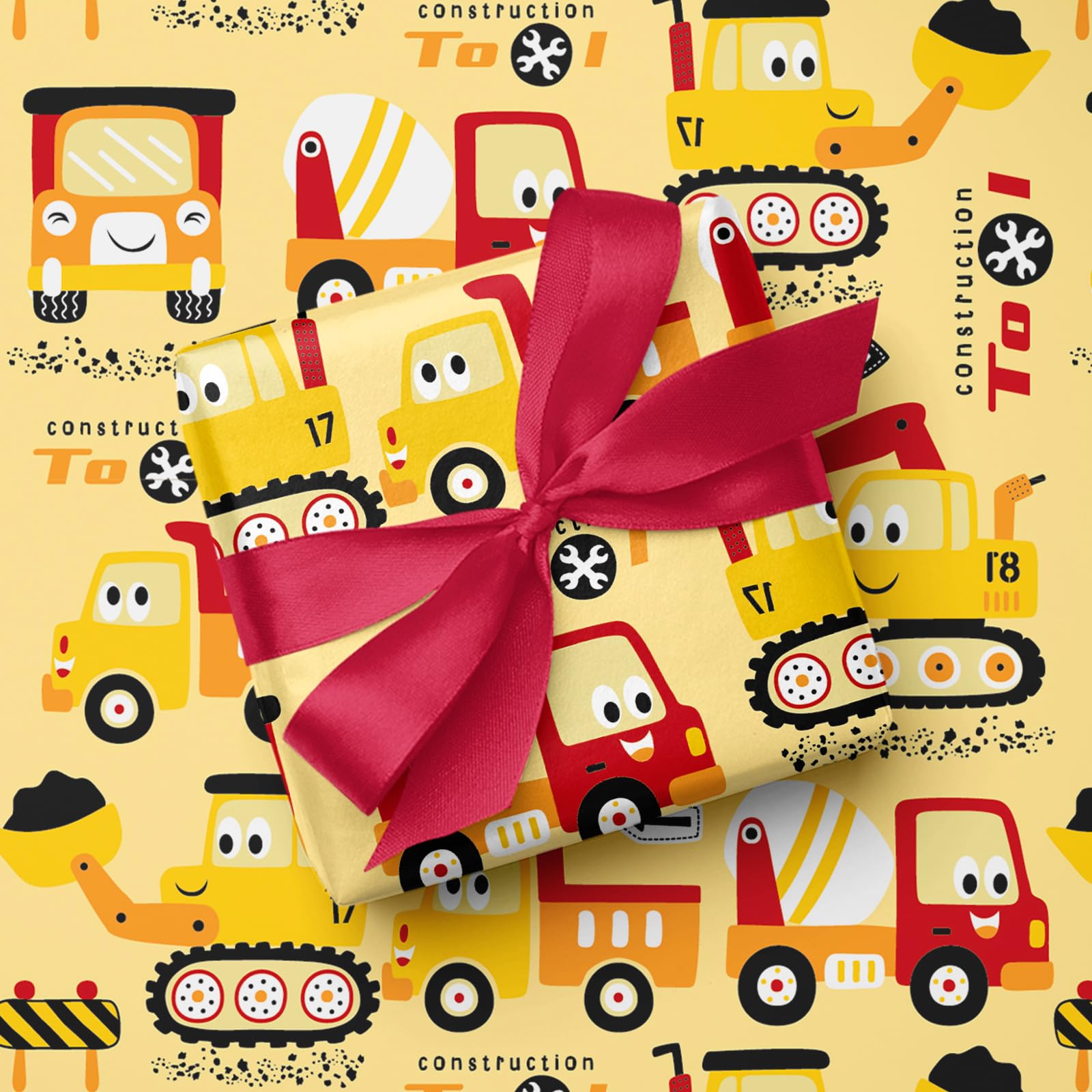 WRAPAHOLIC Construction Wrapping Paper Roll - Mini Roll - 17 Inch x 9.8 Feet - Yellow Digger Tractor Truck Design for Kids Boys Birthday, Baby Shower