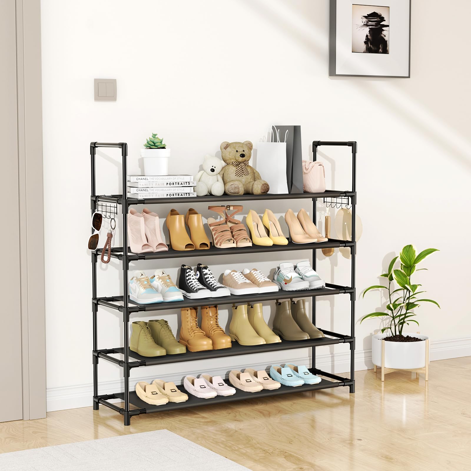 VTRIN 5 Tier Shoe Rack for Closet Shoe Organizer Storage 20-25 Pair Shoe and Boot Long Shoe Shelf with Hook Space Saver Free Standing Shoe Rack Organizer for Front Door Entryway, Small Spaces