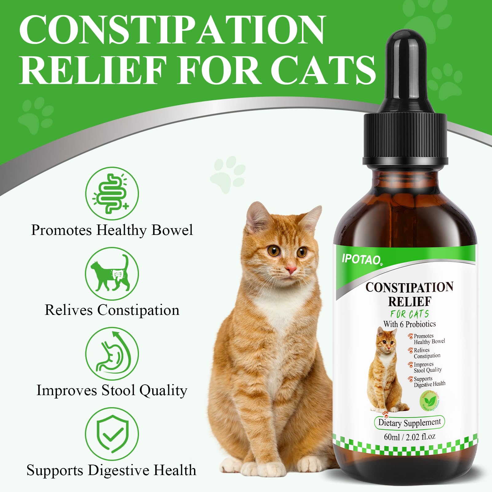 IPOTAO Cat Constipation Relief, Constipation Relief for Cat, Cat Laxative Constipation Relief, Natural Cat Stool Softener for Digestive Health, 60ml