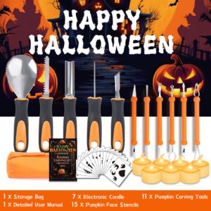 Halloween Pumpkin Carving Kit,33 PCS Pumpkin Carving Tools for Kids&Adults-Professional Stainless Steel Carving Tools & Carving Stencils & Candles-Halloween Gifts Decoration Jack-O-Lantern