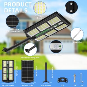 1200W Solar Street Lights Outdoor Waterproof with Remote Control, 1170 LEDS 6500K Solar Parking Lot Lights Dusk to Dawn, Waterproof IP65 Solar Street Light with Motion Sensor for Yard, Garage PACK