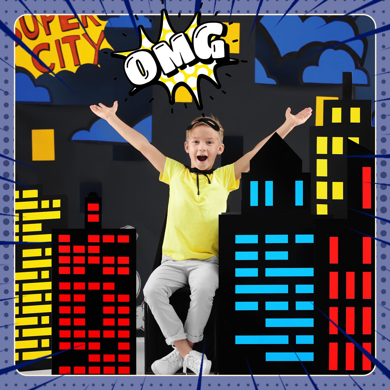 Dunzoom 16 Pcs Large Hero Party Favor Boxes with 10 Pcs Cards Skyscraper City Gift Box Different Sizes 3D City DIY Skyline Buildings Heroes Centerpiece for Hero Theme Birthday Party Decor Supplies