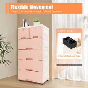 5 Tier Plastic Drawers Dresser Storage Tower with Wheels & Locks & 6 Drawers,Storage Organizer Rack Movable Storage Cabinet Closet for Bedroom,Living Room,Study(Pink)