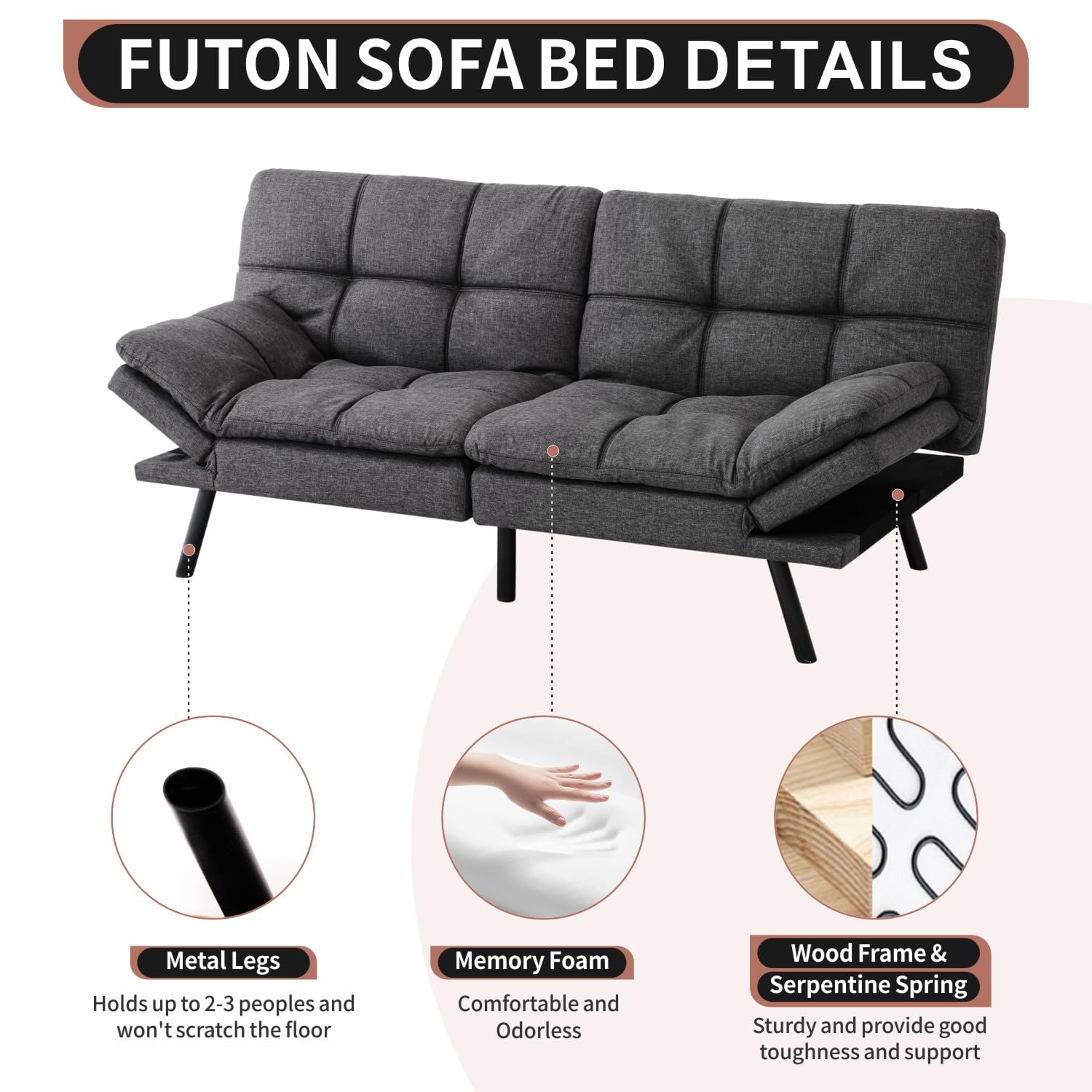 MUUEGM Futon Sofa Bed Convertible Memory Foam Sleeper Couch,Modern Loveseat for Living Room,Small Compact Space,Dorm,Office,Adjustable Armrests Backrest Sofabed, Linen Dark Grey