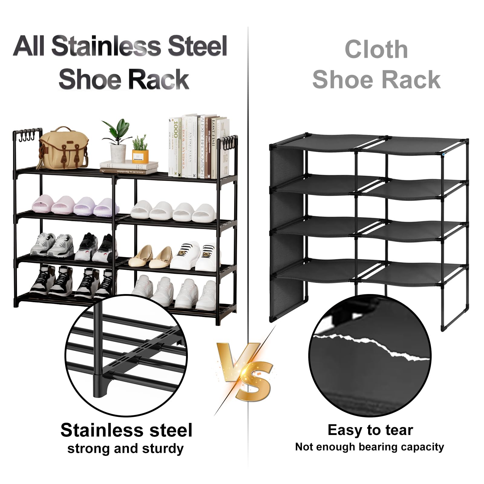 DYJIEKAI 2 Rows 4 Tier Shoe Rack, Black Metal Shoe Racks, Stackable Shoe Shelf with Multifunctional Hooks, Hold 16-20 Pairs, Space Saving Shoe Rack, Shoe Rack for Closet,Shoe Organizer