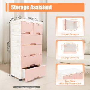 5 Tier Plastic Drawers Dresser Storage Tower with Wheels & Locks & 6 Drawers,Storage Organizer Rack Movable Storage Cabinet Closet for Bedroom,Living Room,Study(Pink)