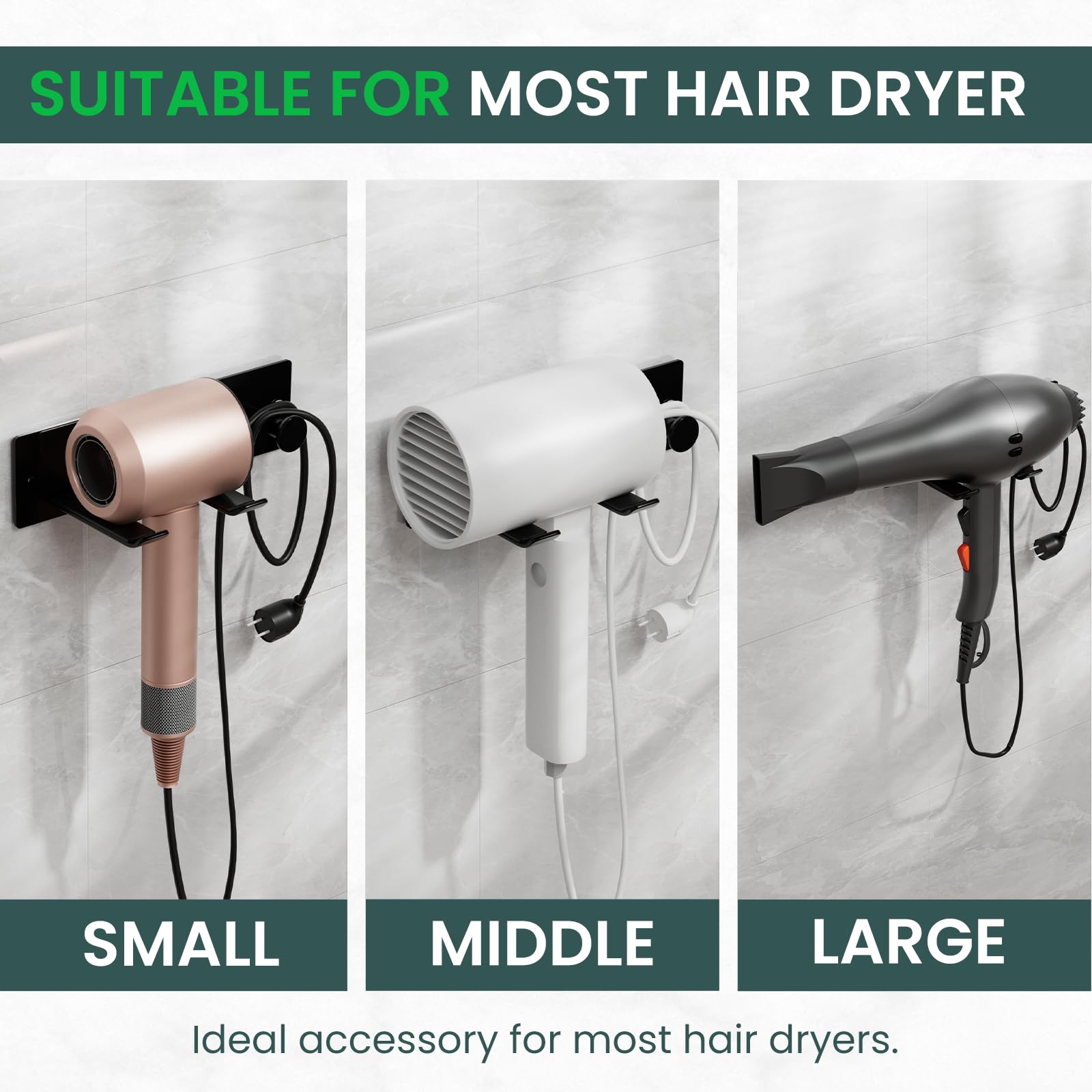 Hair Dryer Holder Wall Mounted Universal Hair Dryer Holder Blow Dryer Holder Compatible with Most Hair Dryers for Bathroom