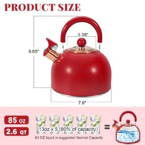 GGC 2.6QT Tea Kettle for Stove Tops, Whistling Tea Kettles for Boiling Water Coffee or Milk, Red Stainless Steel Tea Pots with Folding Handle, Thumb Design Control Kettle Outlet