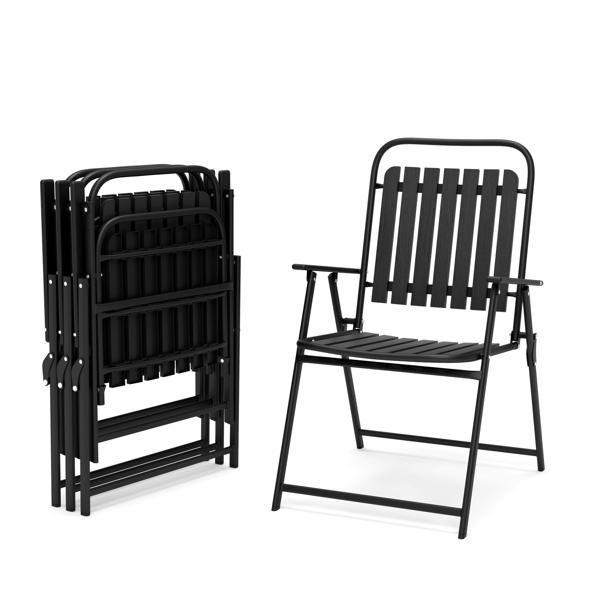 PIZZELLO Patio Folding Chairs Set of 4, Outdoor Foldable Dining Chairs with Armrests and High Back, All-Weather Portable Lawn Chair Sets for Garden Porch Poolside Deck, No Assembly Required, Black