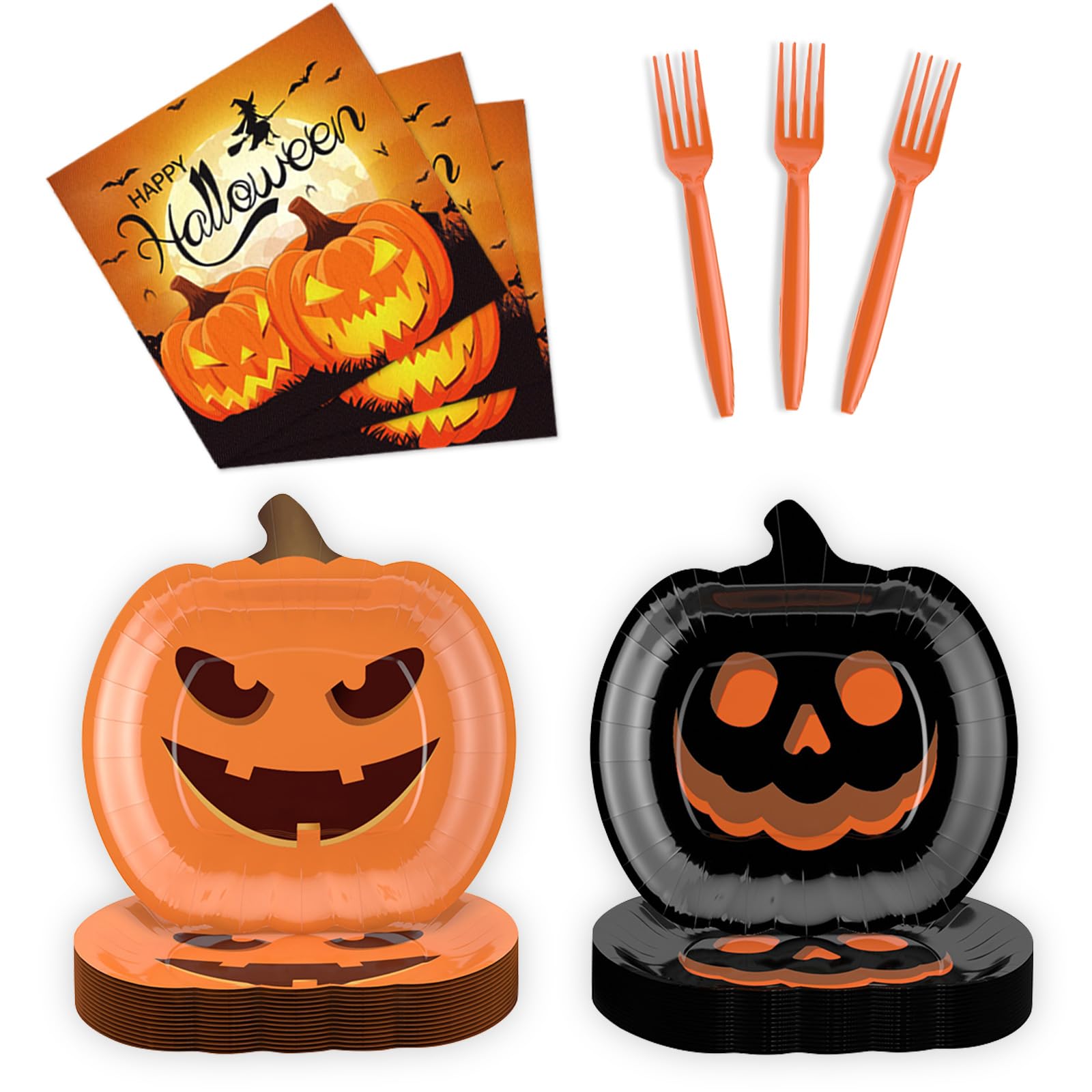 96 Pcs Halloween Pumpkin Paper Plates and Napkins Forks, Disposable Party Dessert Tableware Supplies Decorations Birthday Table Dinnerware Favors Set, Serves 24