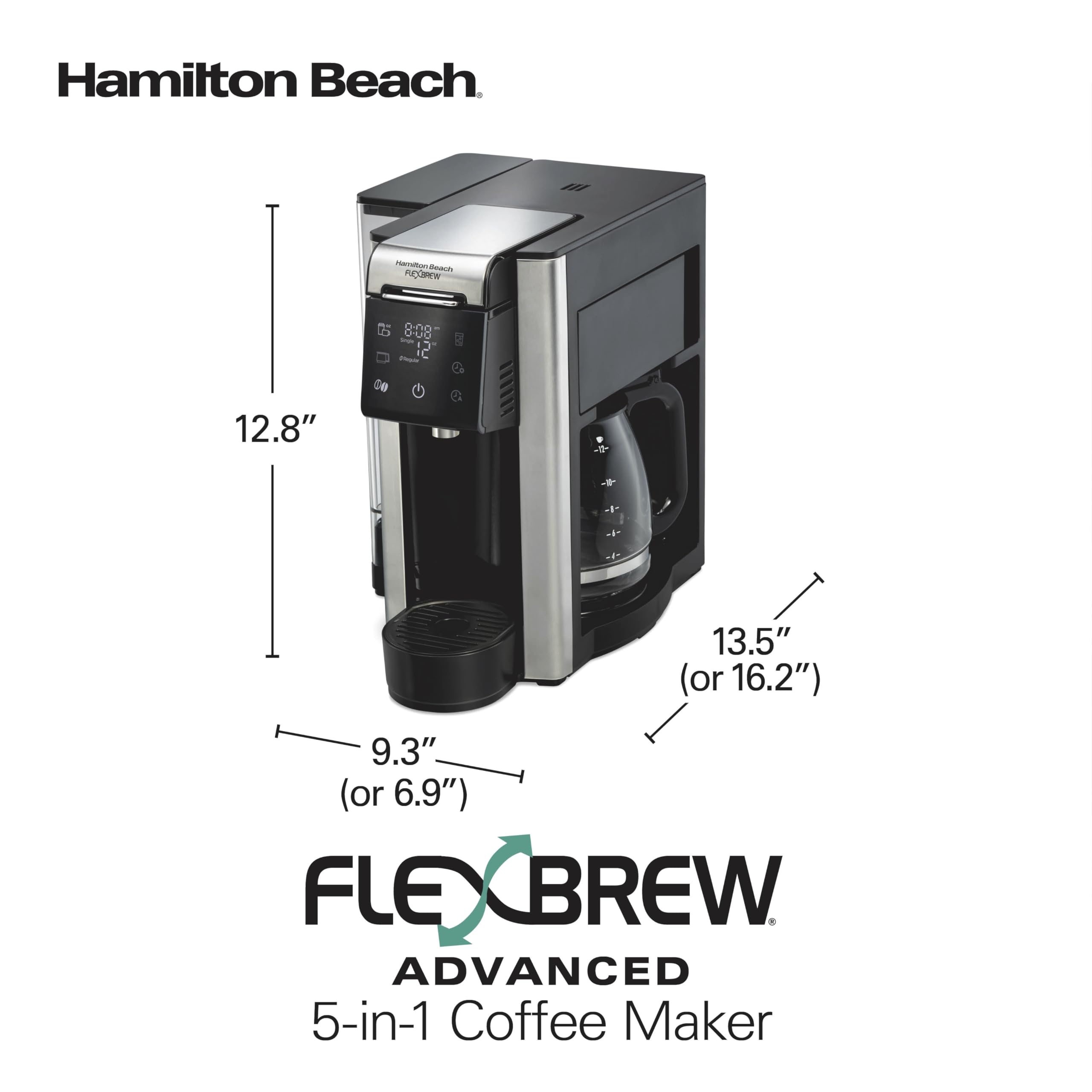 Hamilton Beach FlexBrew 5-in-1 12 Cup Drip and Single Serve Hot & Iced Coffee Maker with Movable 60 oz. Water Reservoir, Use Pod Packs and Grounds, Fast Brewing, LED Touchscreen, Black (49924)