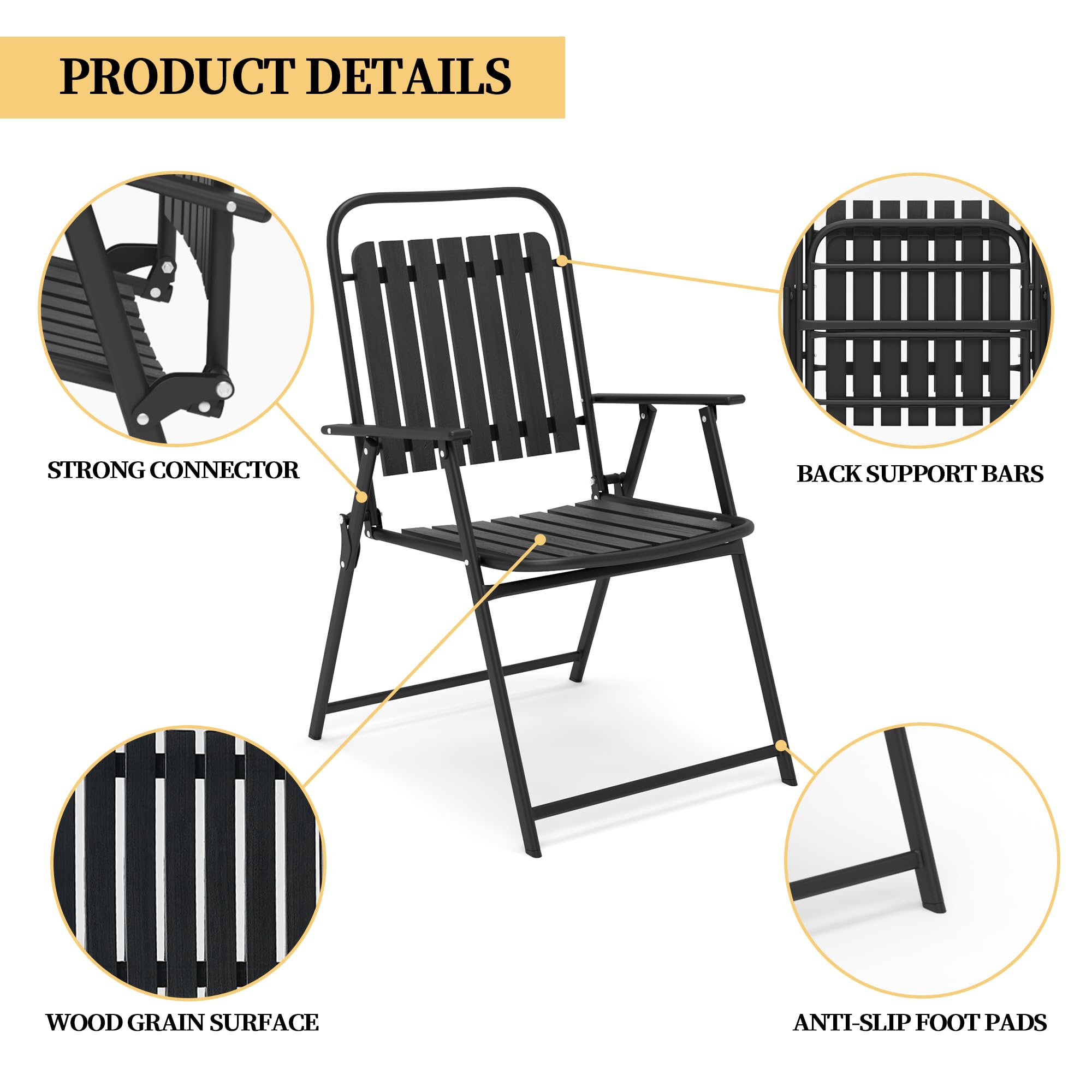 PIZZELLO Patio Folding Chairs Set of 4, Outdoor Foldable Dining Chairs with Armrests and High Back, All-Weather Portable Lawn Chair Sets for Garden Porch Poolside Deck, No Assembly Required, Black