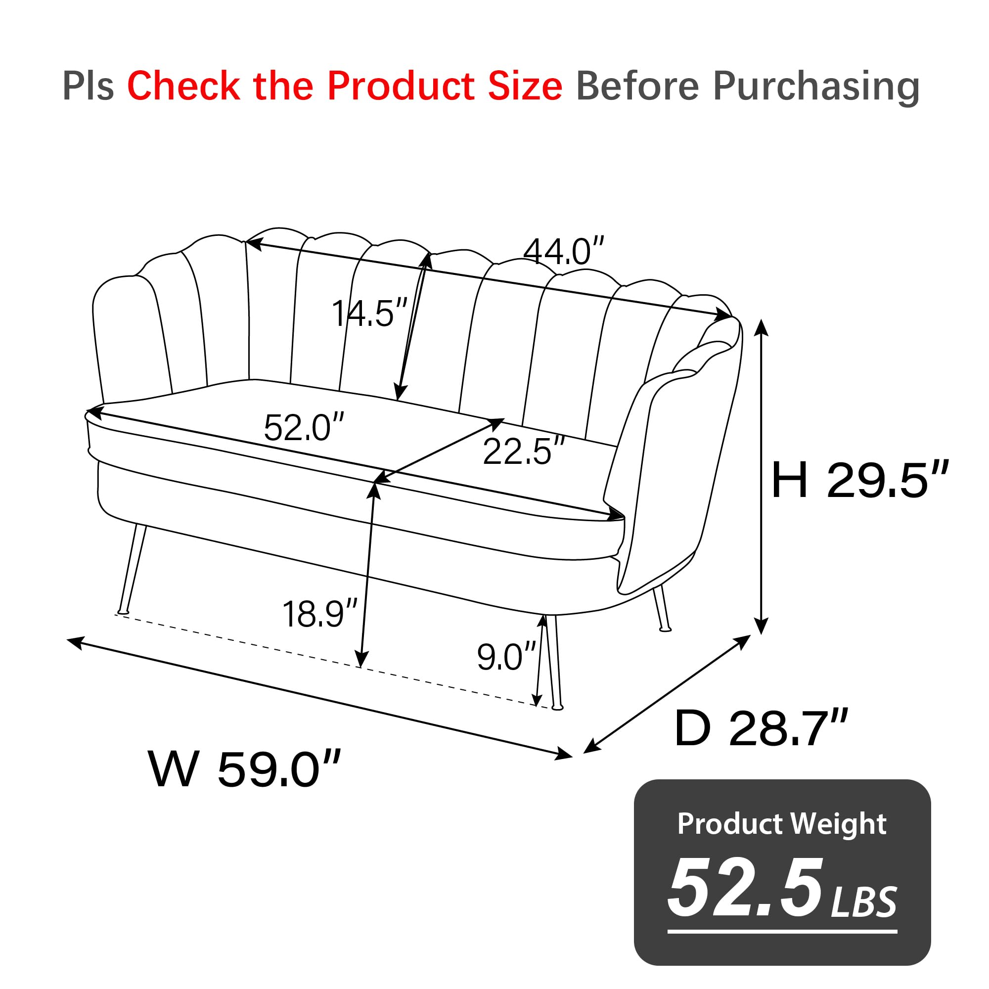 Aoiy & Wifon 59" W Loveseat Sofa, Mid-Century Settee Loveseat, Comfy Small Loveseat for Small Spaces/Living Room/Office, Boucle, Black