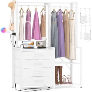 cyclysio small clothes rack with 4 drawers, reversible garment rack with storage shelves & charging station, freestanding closet system organizer with 2 hooks for small spaces, white