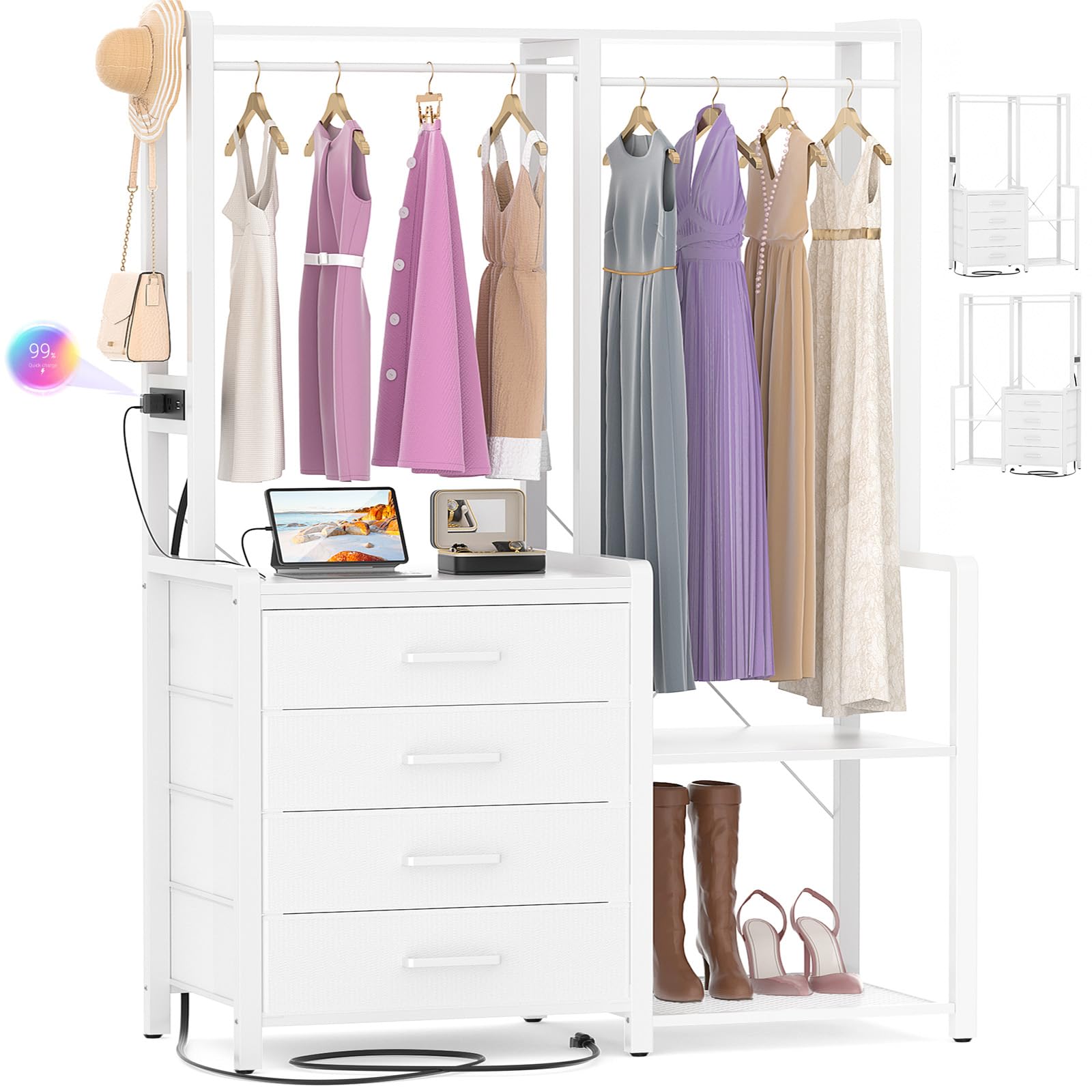 Cyclysio Small Clothes Rack with 4 Drawers, Reversible Garment Rack with Storage Shelves & Charging Station, Freestanding Closet System Organizer with 2 Hooks for Small Spaces, White