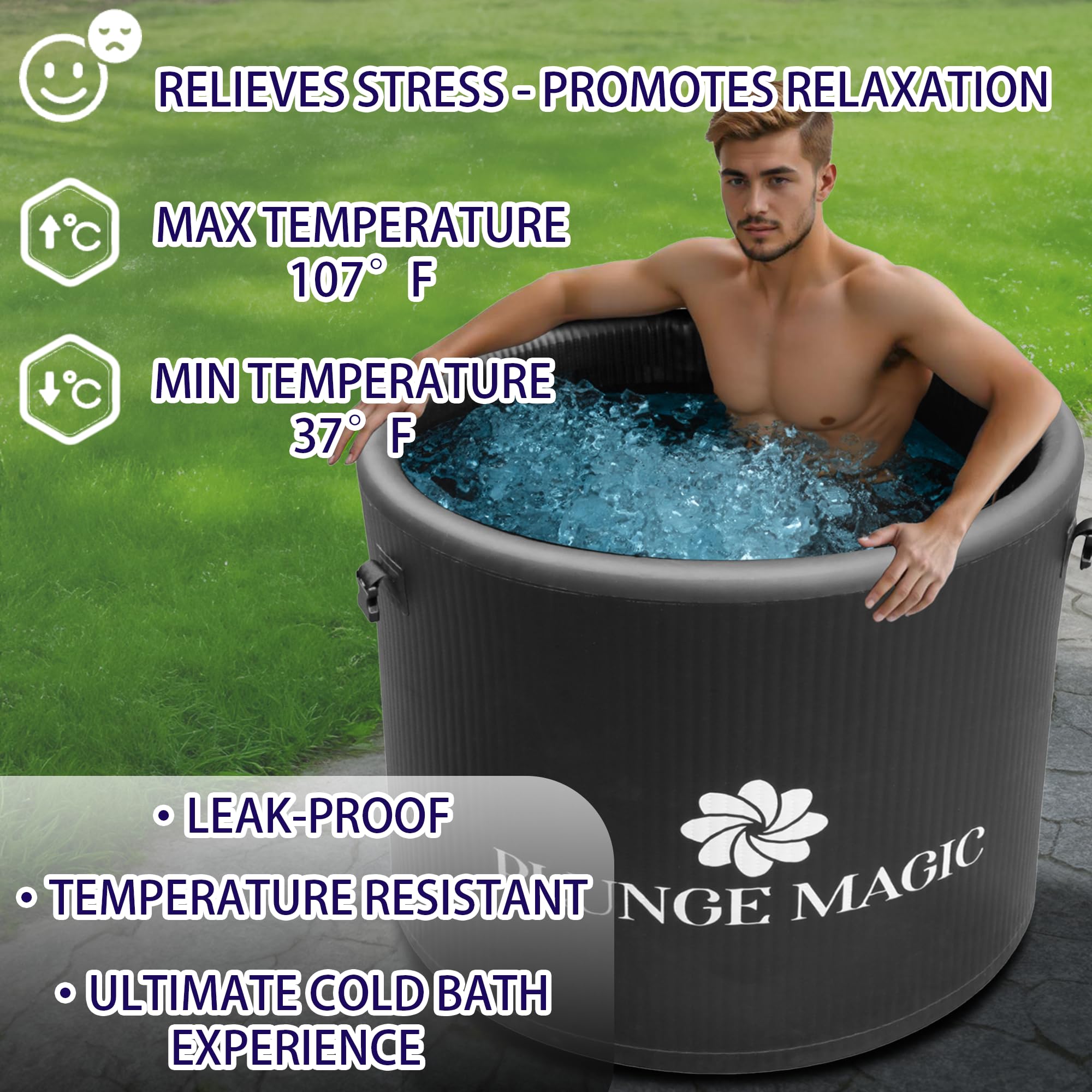 PLUNGE MAGIC Ultimate Cold Plunge Tub Inflatable Ice Bath Tub With Cover for Athletes Portable & XL Size, Water Chiller Compatible (Black - Round)