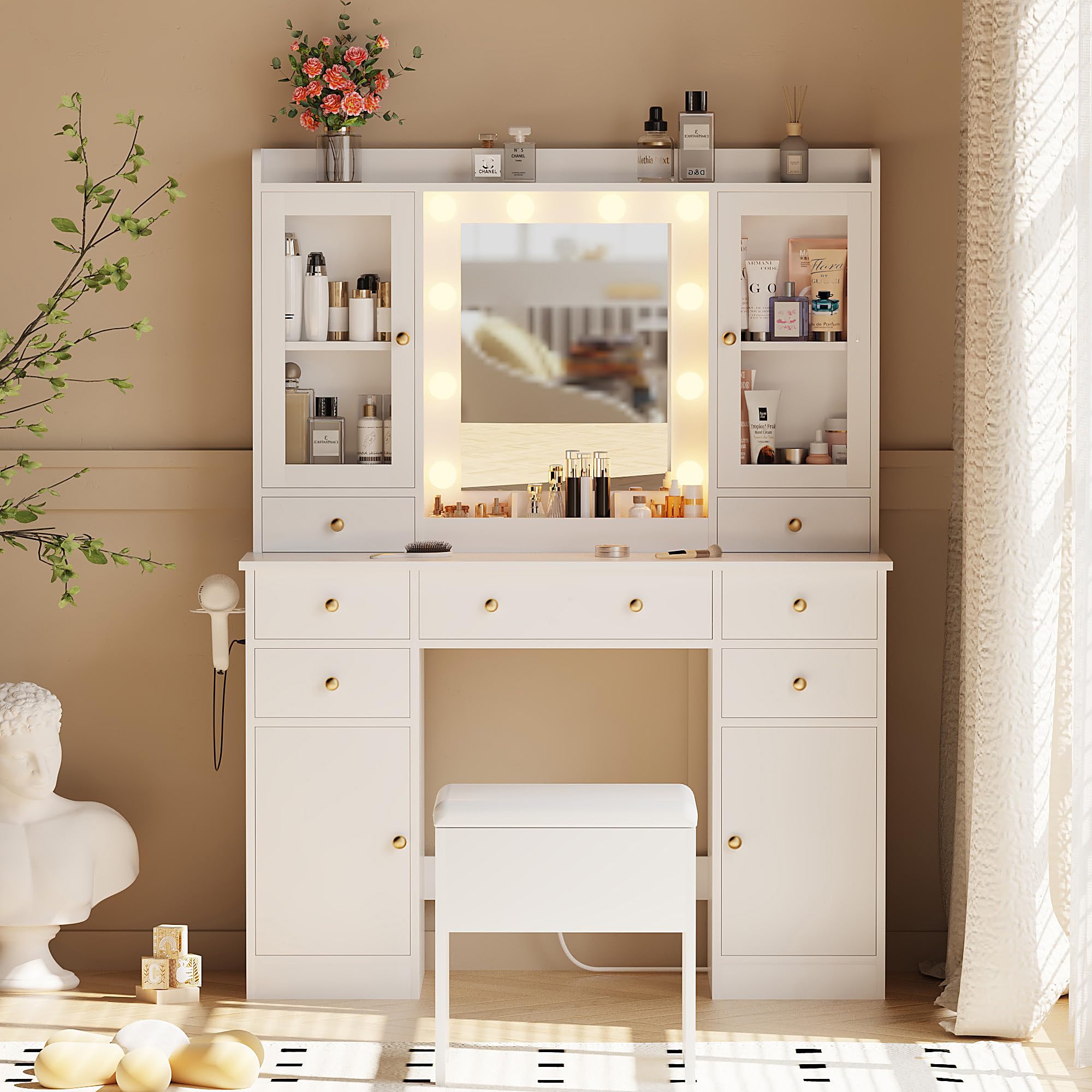 HUANLEGO Vanity Desk with Mirror and Lights, White Vanity Mirror with Lights Desk and Chair &7 Drawers, Cabinets Makeup Vanity Table with with Stool for Bedroom 3 Lights Mode and Brightness Adjusted