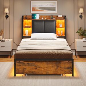 AOGLLATI Twin Bed Frames with Headboard and 2 Storage Drawers, Twin Bed Frame with Charging Station and Led Lights, Modern Upholstered Brown Led Bed Frame Twin,No Box Spring Needed, Vintage