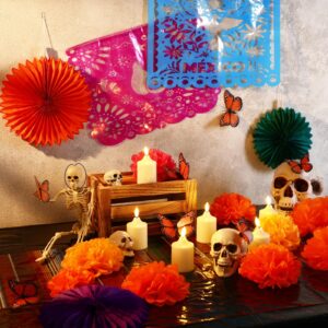 Newwiee 82 Pcs Day of the Dead Altar Decoration Kit Dia De Muertos Disposable Tablecloth Flameless LED Candle Paper Marigold Flower Fan Butterfly Mexican Papel Picado Banner Supplies (Colorful)