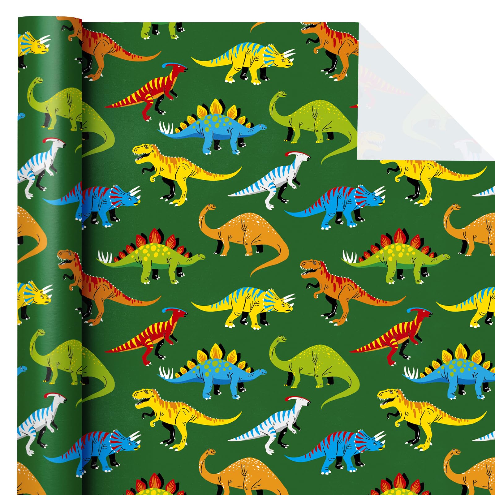 WRAPAHOLIC Dinosaur Wrapping Paper Roll - Mini Roll - 17 Inch x 9.8 Feet - Green Dinosaur Design, Perfect for Girl Kids Boy Birthday, Baby Shower, Party, Holiday