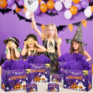 Large Halloween Party Gift Bag, Purple Halloween Paper Bags with Handle Halloween Tissue Paper Cute Pumpkin Skeleton Ghost Halloween Birthday Party Favors Decor for Trick or Treat Party Supplies