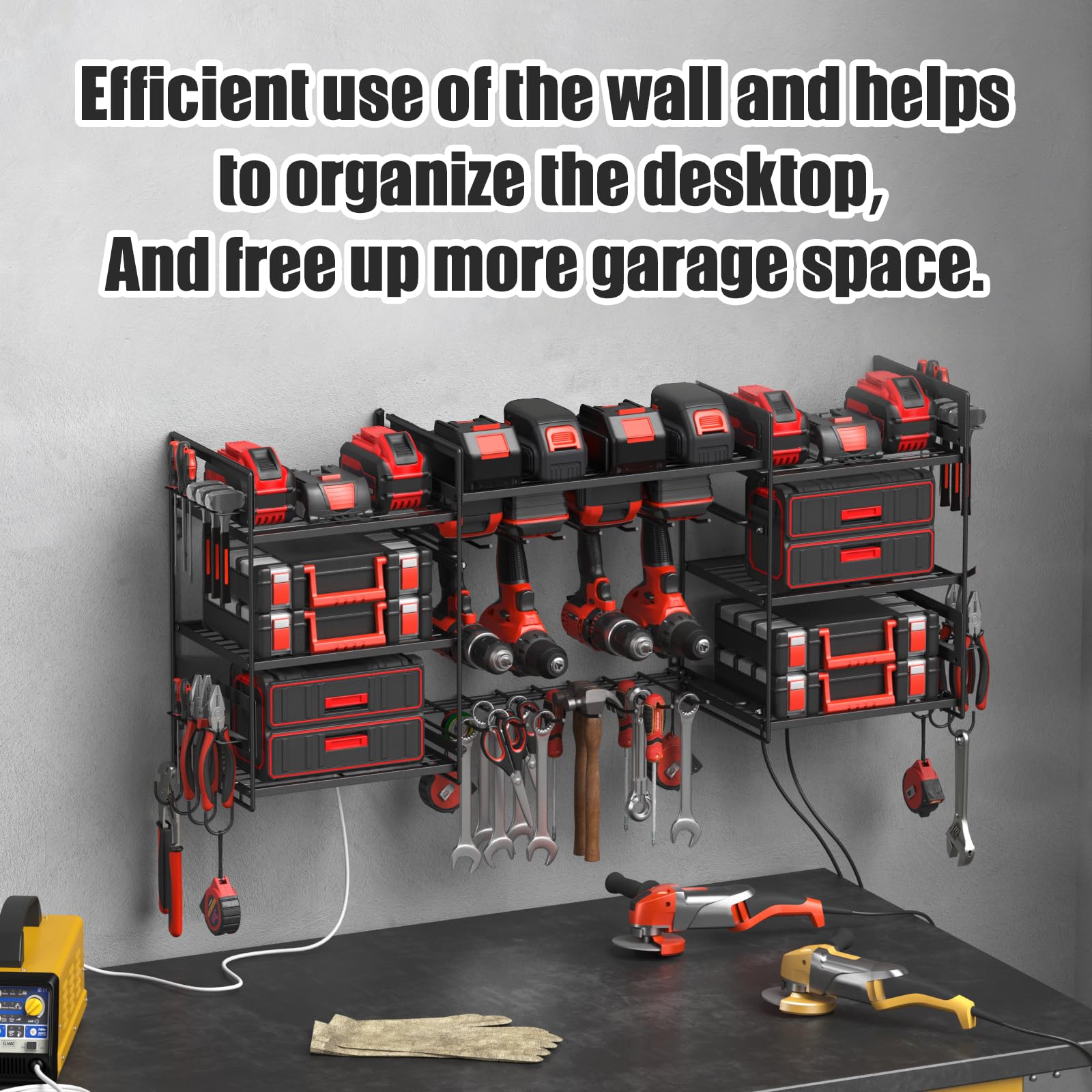 CCCEI Black Power Tools Organizer Wall Mount, Large Garage Organization and Storage, Shop 8 Drills Holder Rack and Tools Battery Utility Shelves, Cool and Unique Gift for Men, Husband.