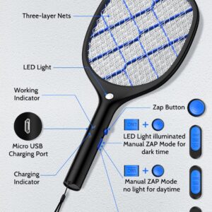 YISSVIC Electric Fly Swatter Bug Zapper Racket Rechargeable Mosquito Killer LED Light for Indoor Home Office Backyard Patio Camping