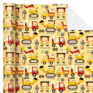 WRAPAHOLIC Construction Wrapping Paper Roll - Mini Roll - 17 Inch x 9.8 Feet - Yellow Digger Tractor Truck Design for Kids Boys Birthday, Baby Shower