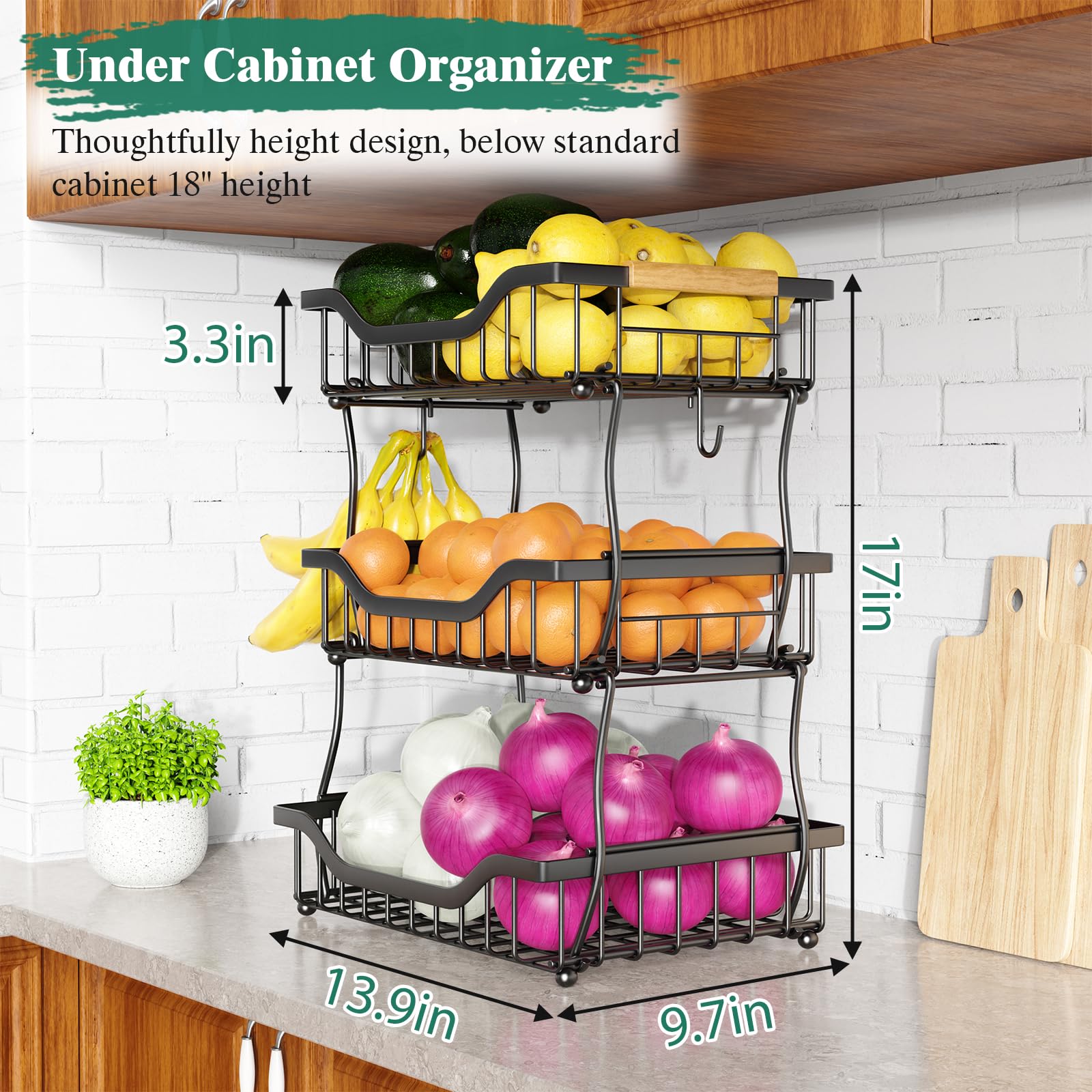 OKZEST 3-Tier Fruit Basket for Kitchen Counter with Banana Hangers, Wall Hanging Fruit Basket and Countertop Organizer Fruit Bowl, Fruit Storage Holder Stand for Potato Onion Snack Bread Fruit Veggie