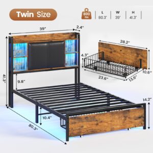 AOGLLATI Twin Bed Frames with Headboard and 2 Storage Drawers, Twin Bed Frame with Charging Station and Led Lights, Modern Upholstered Brown Led Bed Frame Twin,No Box Spring Needed, Vintage