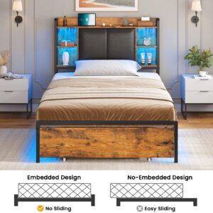 AOGLLATI Twin Bed Frames with Headboard and 2 Storage Drawers, Twin Bed Frame with Charging Station and Led Lights, Modern Upholstered Brown Led Bed Frame Twin,No Box Spring Needed, Vintage