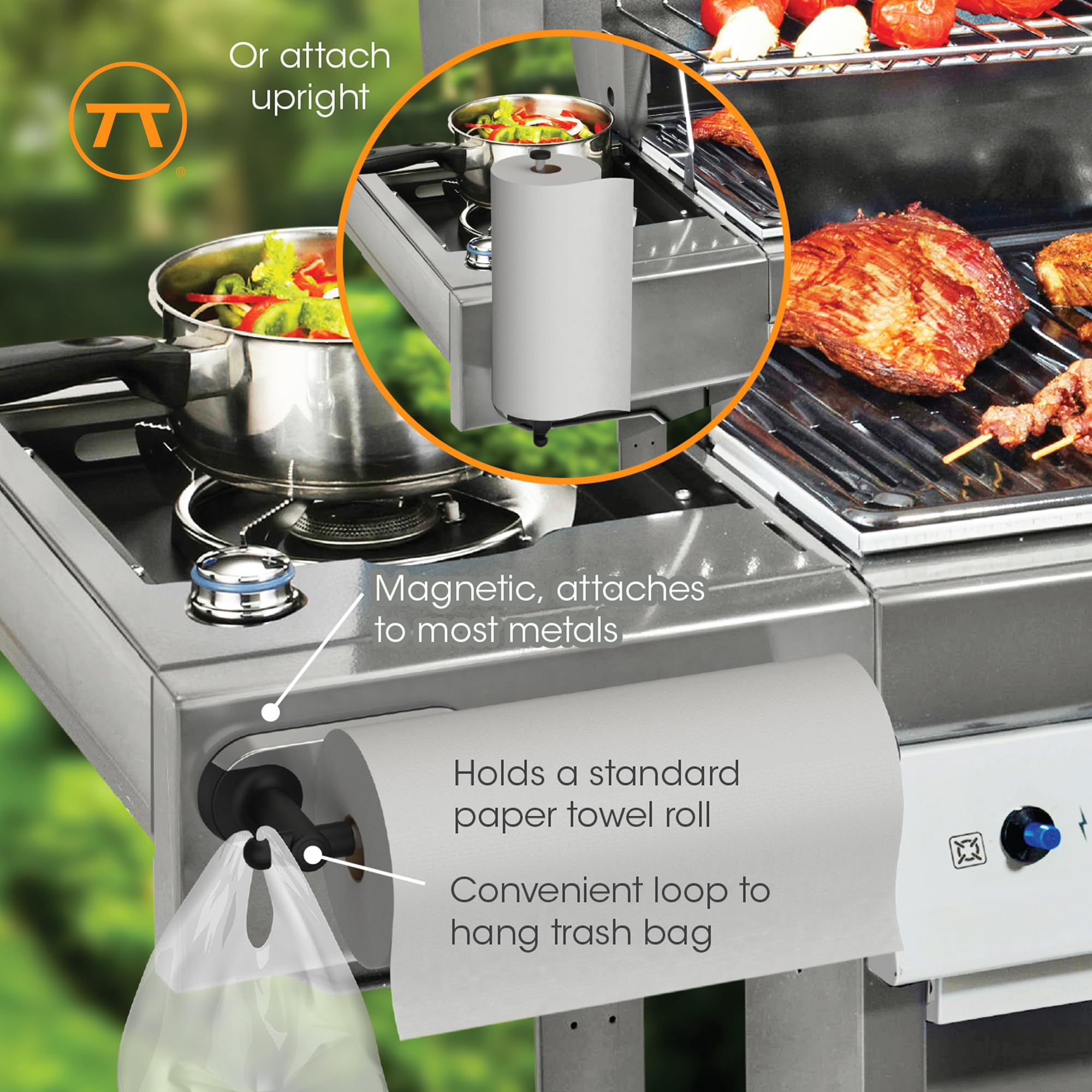 Outset Magnetic Rotating Paper Towel Rack with Trash Bag Hook for Grill and Kitchen