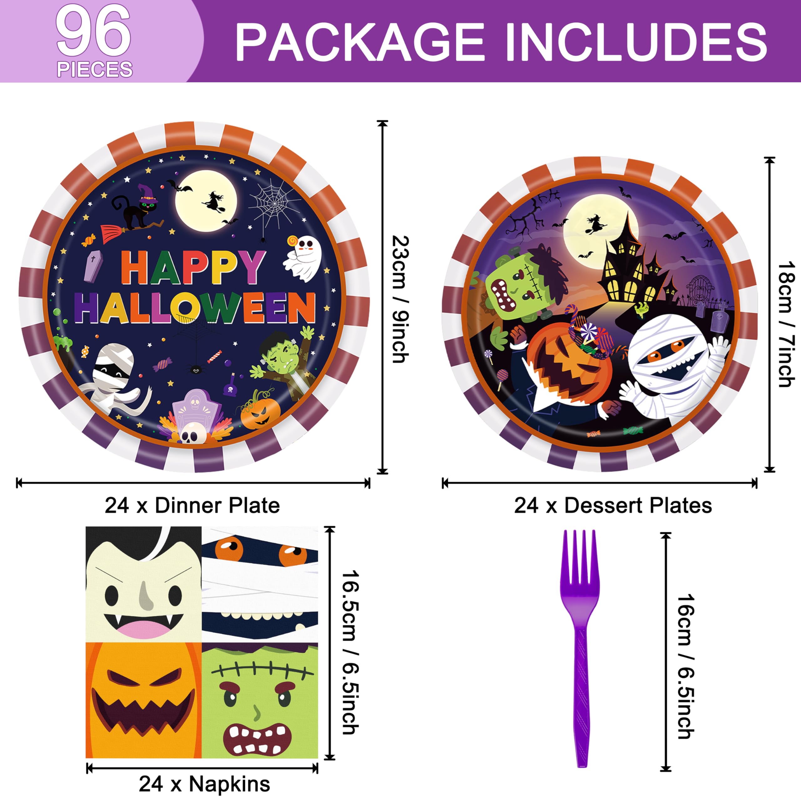 Fesciory 96 Pcs Halloween Party Plates and Napkins Forks Supplies, Disposable Paper Dessert Tableware Happy Birthday Halloween Decorations Favors Set, Serves 24 Guests