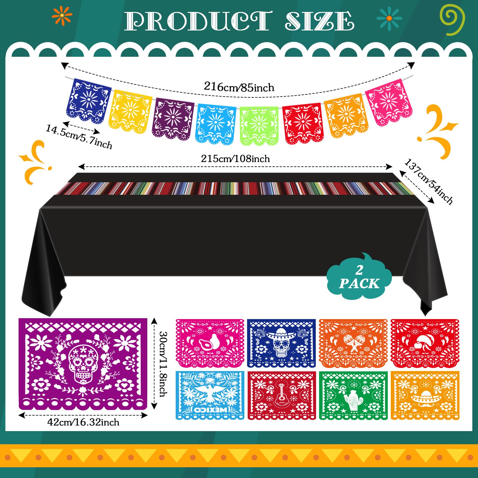 Newwiee 82 Pcs Day of the Dead Altar Decoration Kit Dia De Muertos Disposable Tablecloth Flameless LED Candle Paper Marigold Flower Fan Butterfly Mexican Papel Picado Banner Supplies (Colorful)