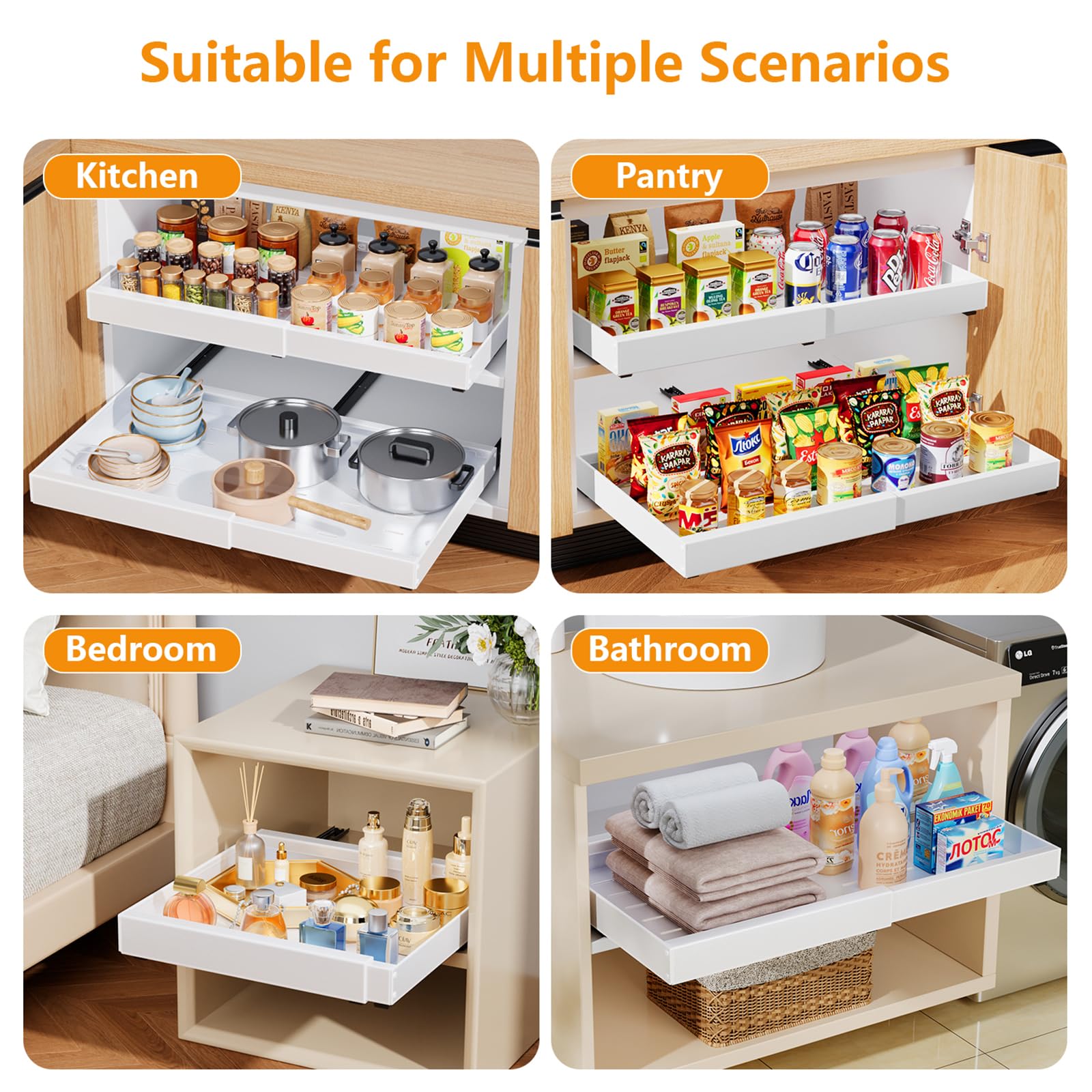 Pull out Cabinet Organizer 21" Deep Heavy Duty Expandable(12.6"-21") Slide out Drawers for Kitchen Cabinets with Adhesive 1 Pack Adjustable Roll out Shelf Storage Organization for Pantry Bathroom