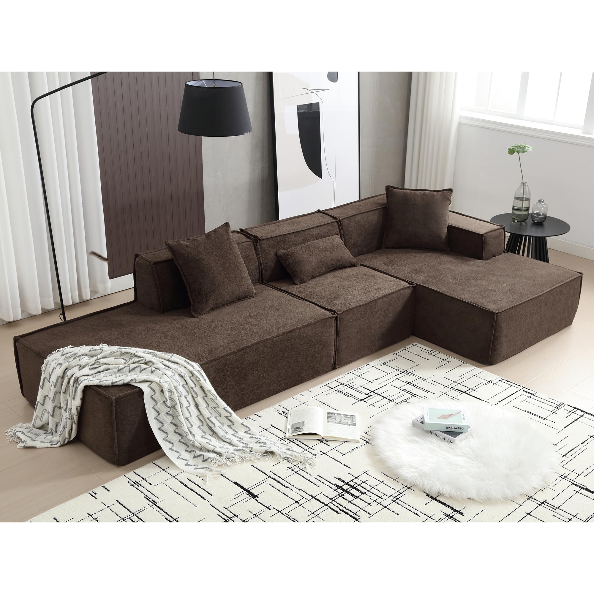 Tosaronia 129.5 X 58 Sectional Sofa L Shaped Couch with Polyester Fabric, 3 Seat Corner Sofa Couch, Modern Upholstered Couch with 4 Pillow Right Chaise Lounge for Living Room Office(Dark Brown)