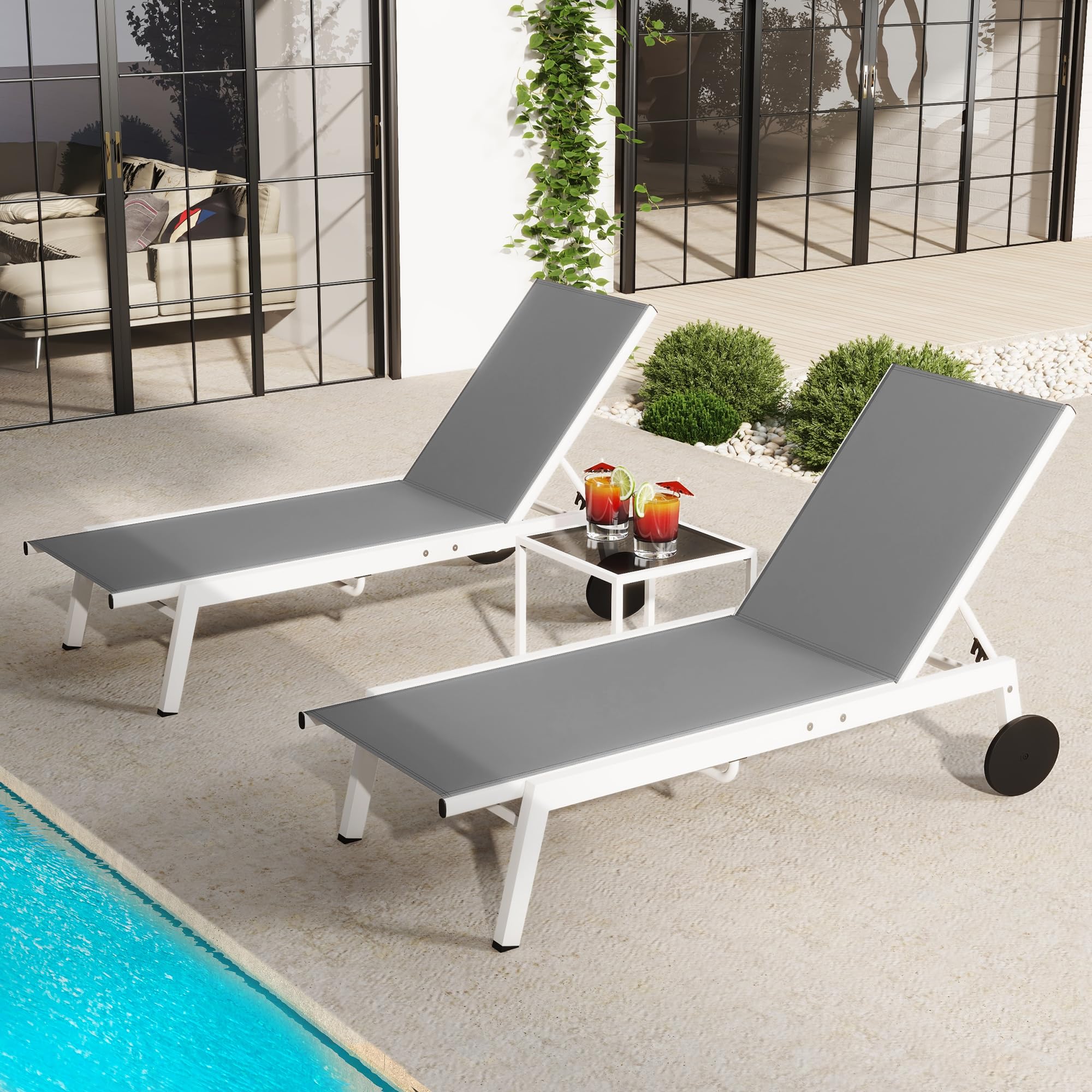 YITAHOME Patio Chaise Lounge Set of 3, Outdoor Lounge Chairs with Side Table, Adjustable Backrest Poolside Loungers with Wheels for Pool Beach Patio Lawn Porch - Light Grey