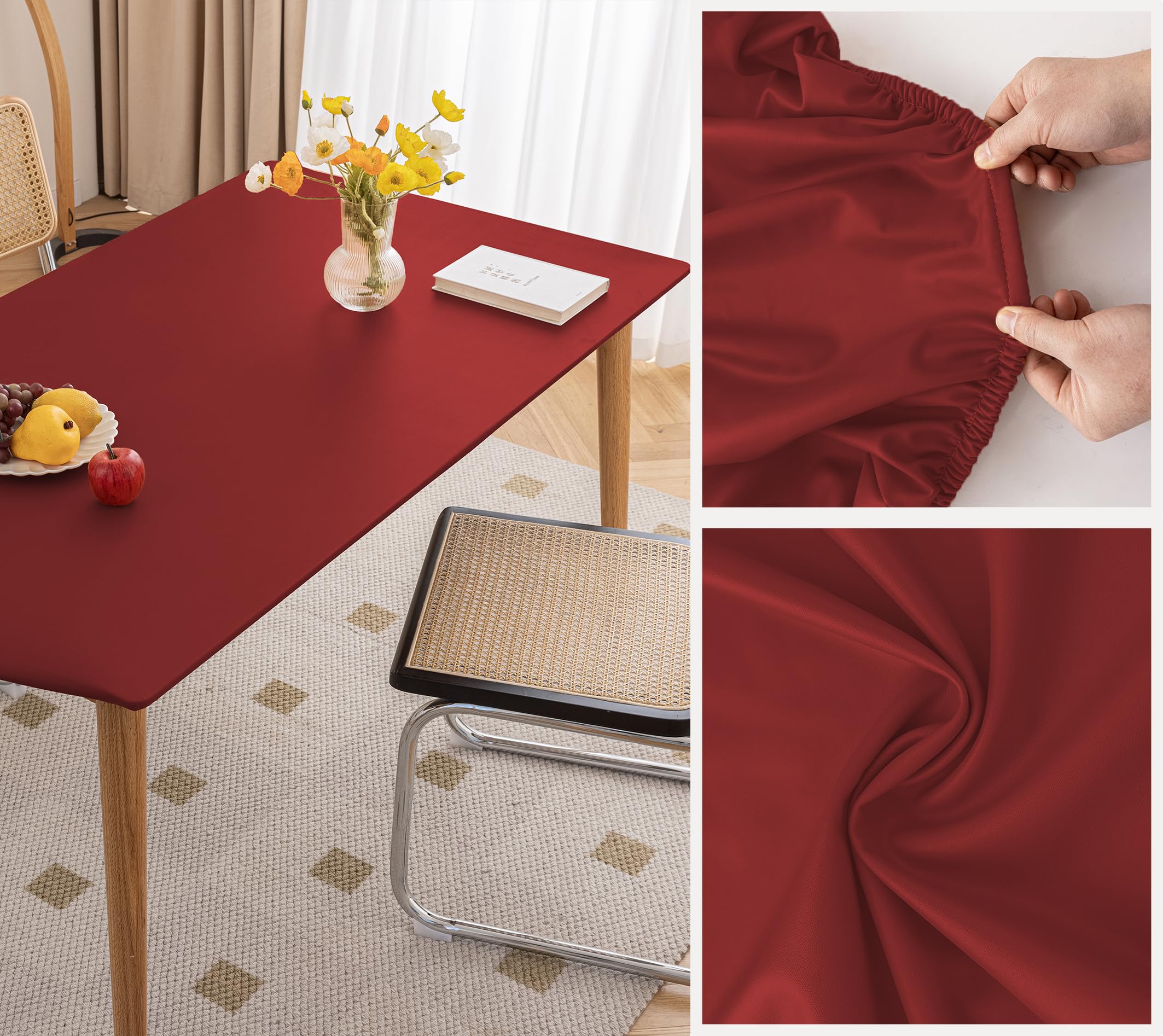 Huierxun PU Stretch Fitted Rectangle Tablecloth with Elastic Edge 35 x 59 Inch Waterproof Oil Proof Table Cloth Wipeable Table Cover for Indoor Outdoor Furniture Protect (Red,35"x59")