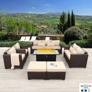 7 pcs patio furniture set outdoor patio furniture with 45-inch propane fire pit table outdoor couch patio chairs outdoor conversation set with non-slip cushions waterproof covers, khaki