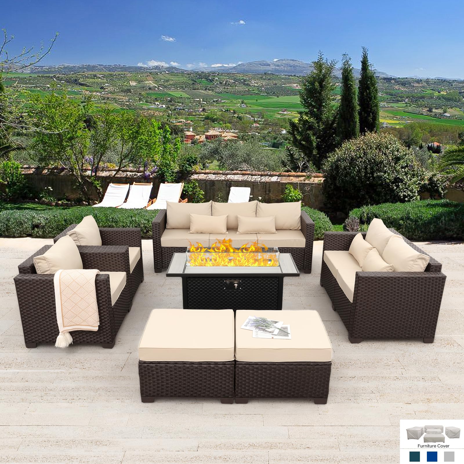 7 PCS Patio Furniture Set Outdoor Patio Furniture with 45-Inch Propane Fire Pit Table Outdoor Couch Patio Chairs Outdoor Conversation Set with Non-Slip Cushions Waterproof Covers, Khaki