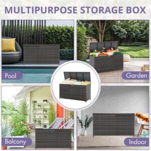 IULULU 120 Gallon Waterproof Wicker Deck Box with Aluminum Frame and Hinged Lid, All-Weather Outdoor Storage Container for Patio Furniture Cushions, Garden Tools and Pool Toys, Grey