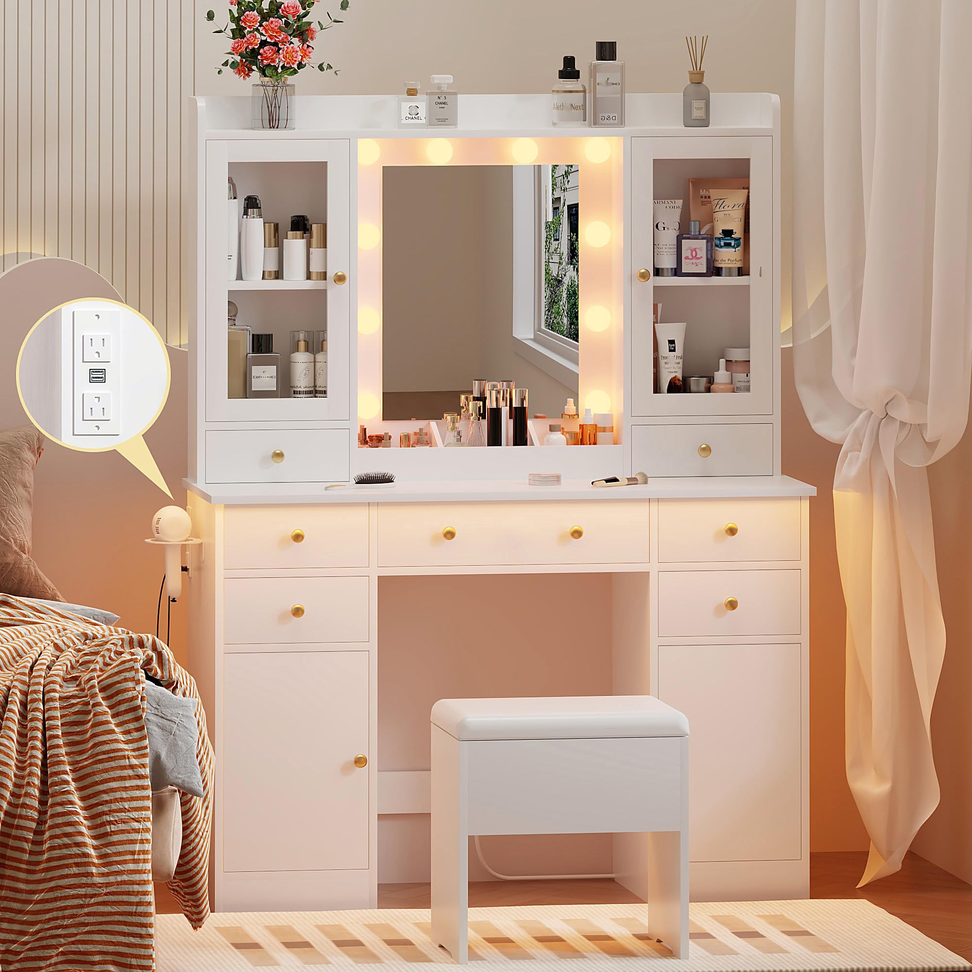 HUANLEGO Vanity Desk with Mirror and Lights, White Vanity Mirror with Lights Desk and Chair &7 Drawers, Cabinets Makeup Vanity Table with with Stool for Bedroom 3 Lights Mode and Brightness Adjusted