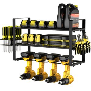 giotorent power tool organizer, garage shelving heavy duty, 4 drill holder wall mount, 3 layers storage rack for work shop, garage, 150lbs load capacity, matte black